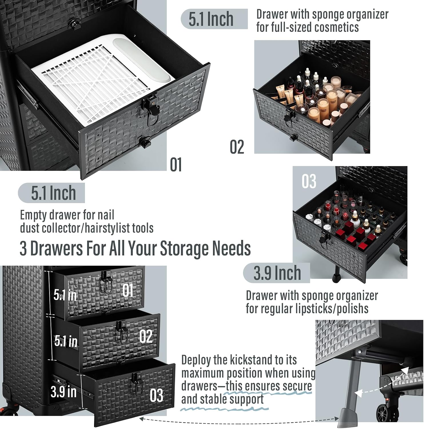 Rolling Salon Cart with 3 Draw - đánh giá và giá Makeup